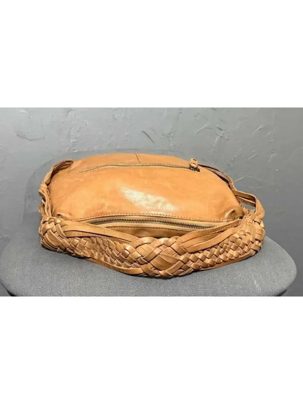 Golden Tan Leather Hobo Bag Woven Leather Handle + Removeable Crossbody Strap